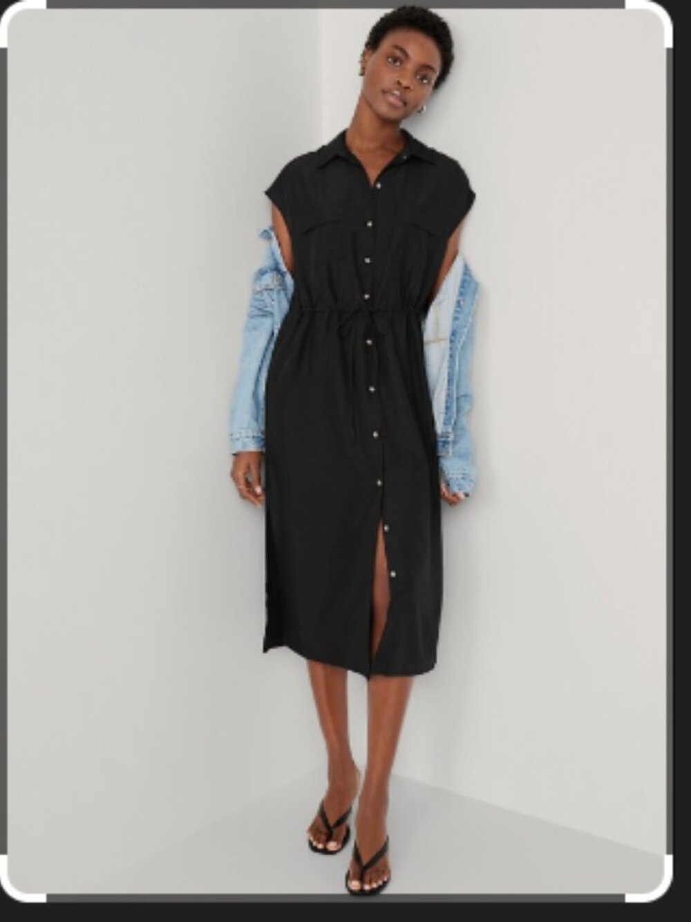 Old Navy Black Button Down Midi Dress Waist Tie Belted Size XL Like New